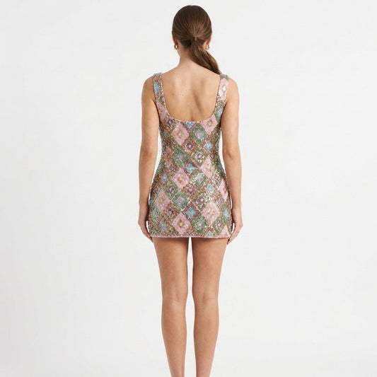 Bonnie Multicolour Sequin Square-Neck Mini Dress