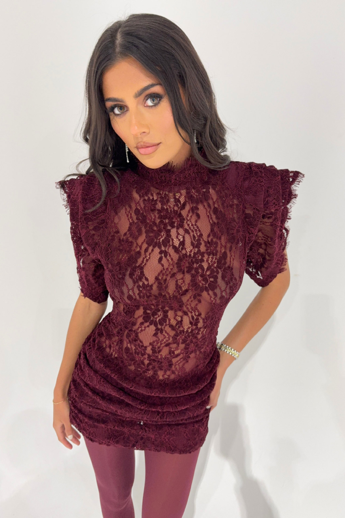 Imelda Lace Ruffle-Shoulder Mini Dress