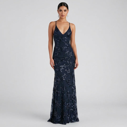 Juliet Sequin Open-Back Maxi Gown