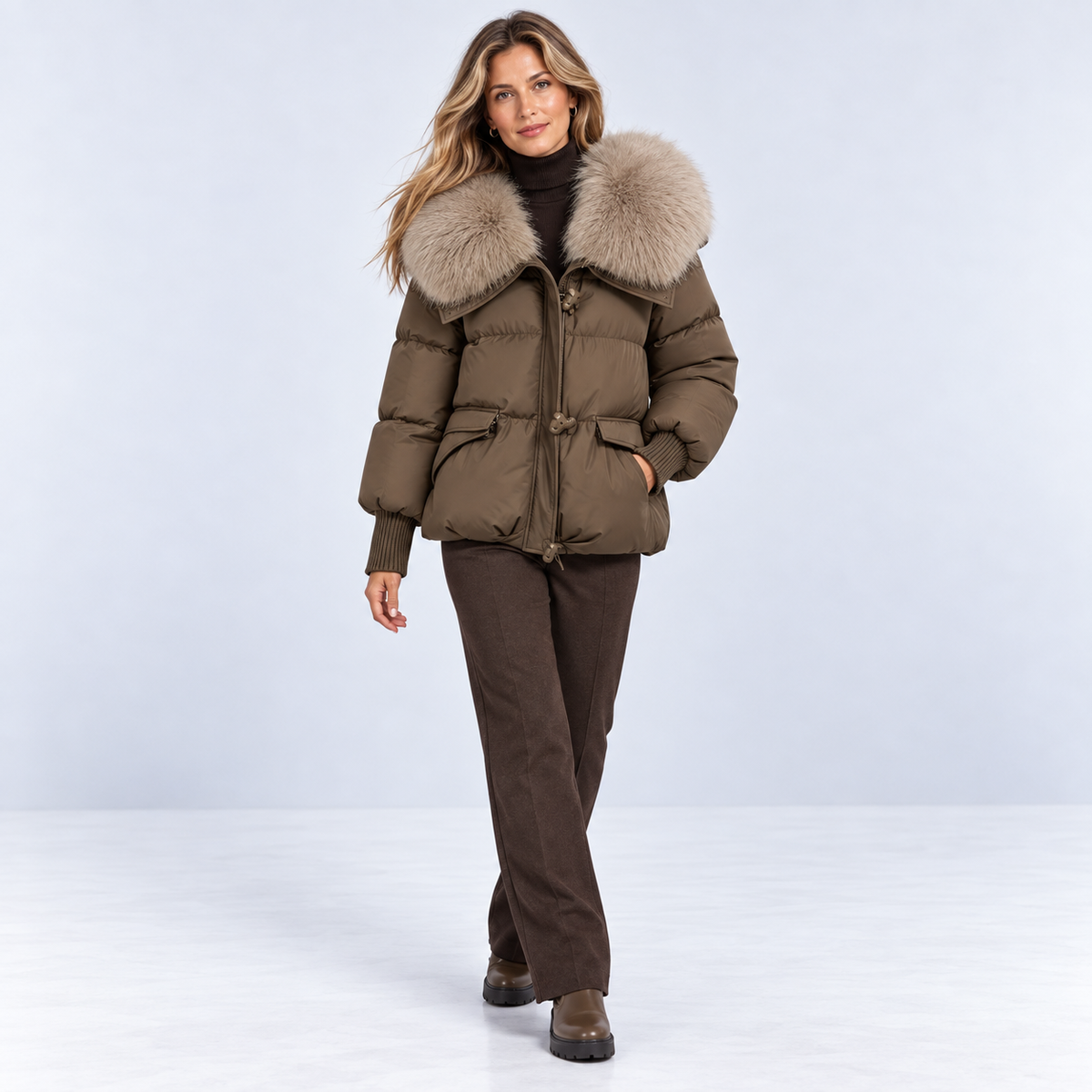Quilted Puffer Jacket with Faux Fur Collar