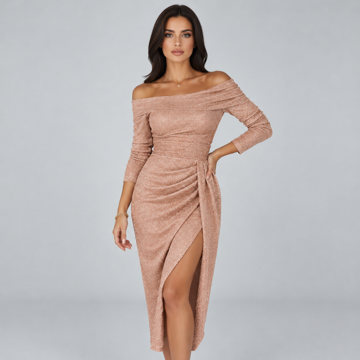 Fleur Off-Shoulder Long-Sleeve Gala Gown
