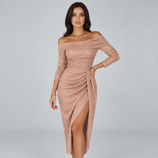 Fleur Off-Shoulder Long-Sleeve Gala Gown