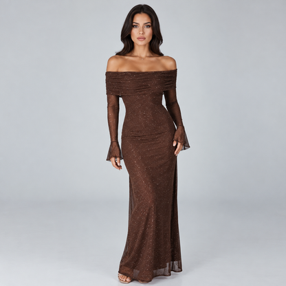 Solange Off-Shoulder Shimmer Evening Gown