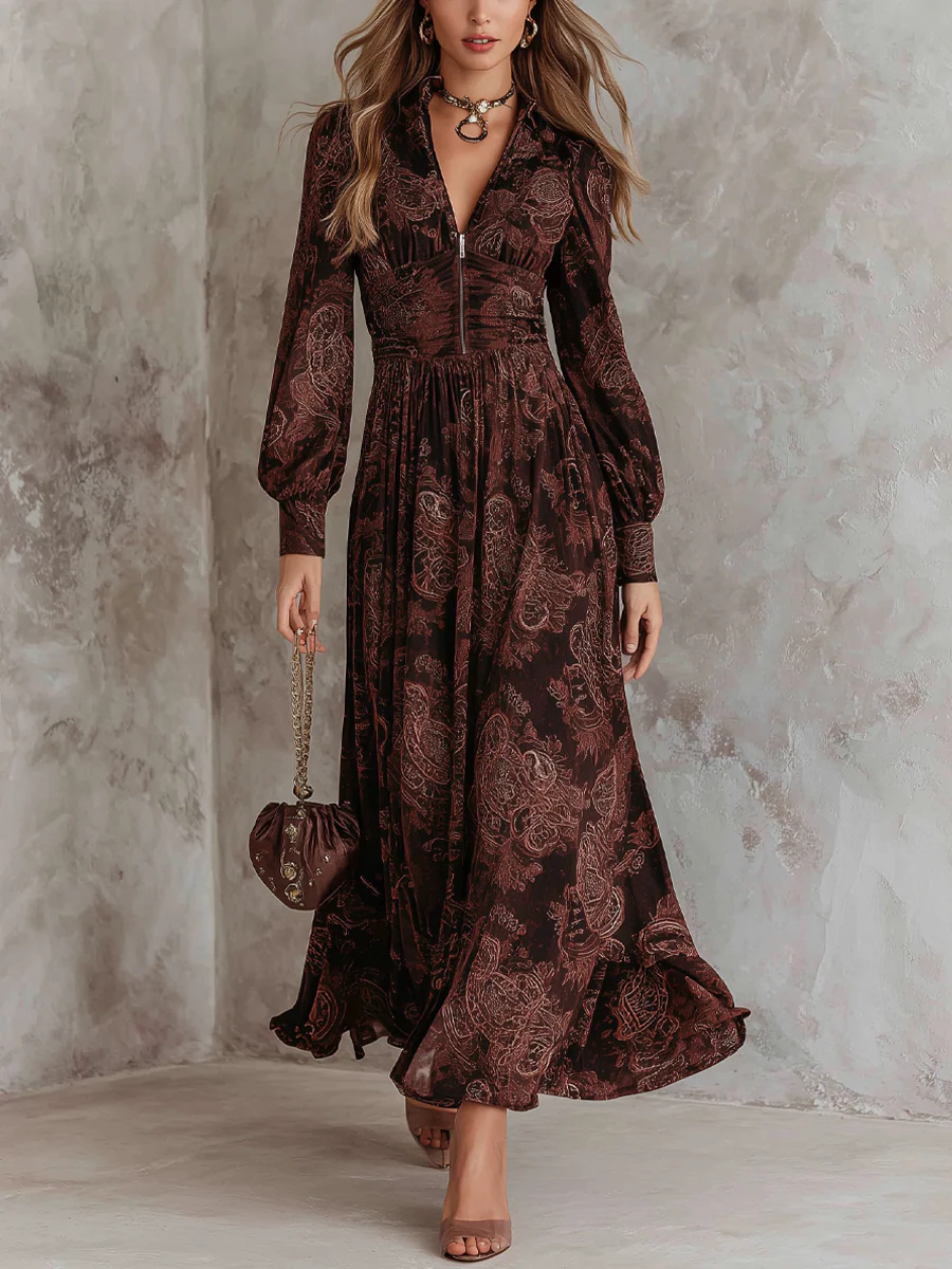 Amelia Paisley Zip Maxi Dress with Long Sleeves - photo 1