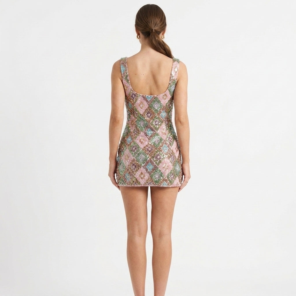 Bonnie Multicolour Sequin Square-Neck Mini Dress