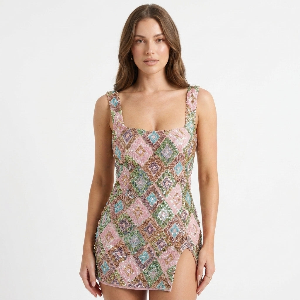 Bonnie Multicolour Sequin Square-Neck Mini Dress