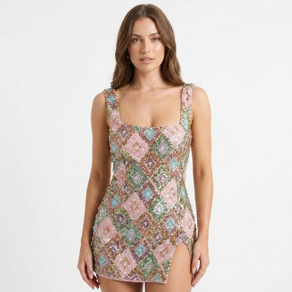 Bonnie Multicolour Sequin Square-Neck Mini Dress
