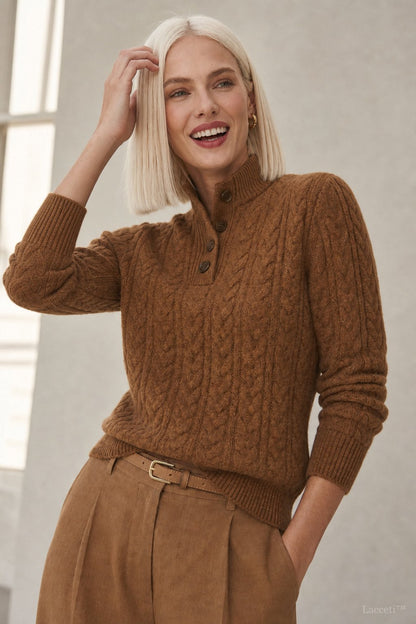 Cozy Cable-Knit Button-Up Sweater with Stand Collar - photo 1
