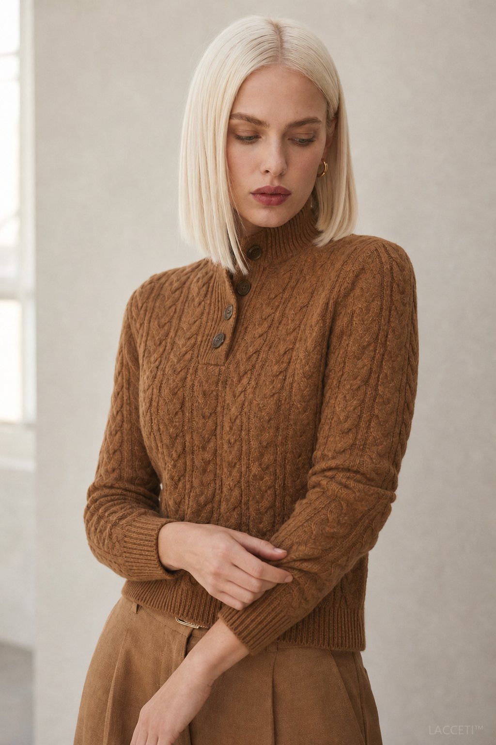 Cozy Cable-Knit Button-Up Sweater with Stand Collar - photo 2