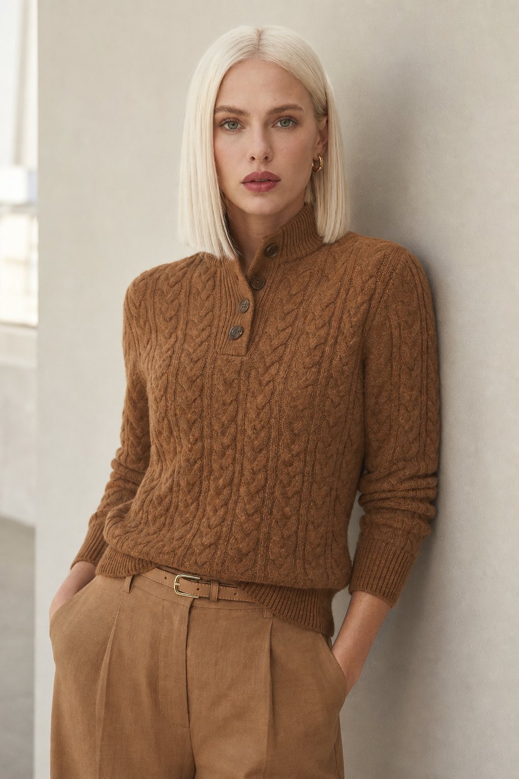 Cozy Cable-Knit Button-Up Sweater with Stand Collar - photo 3