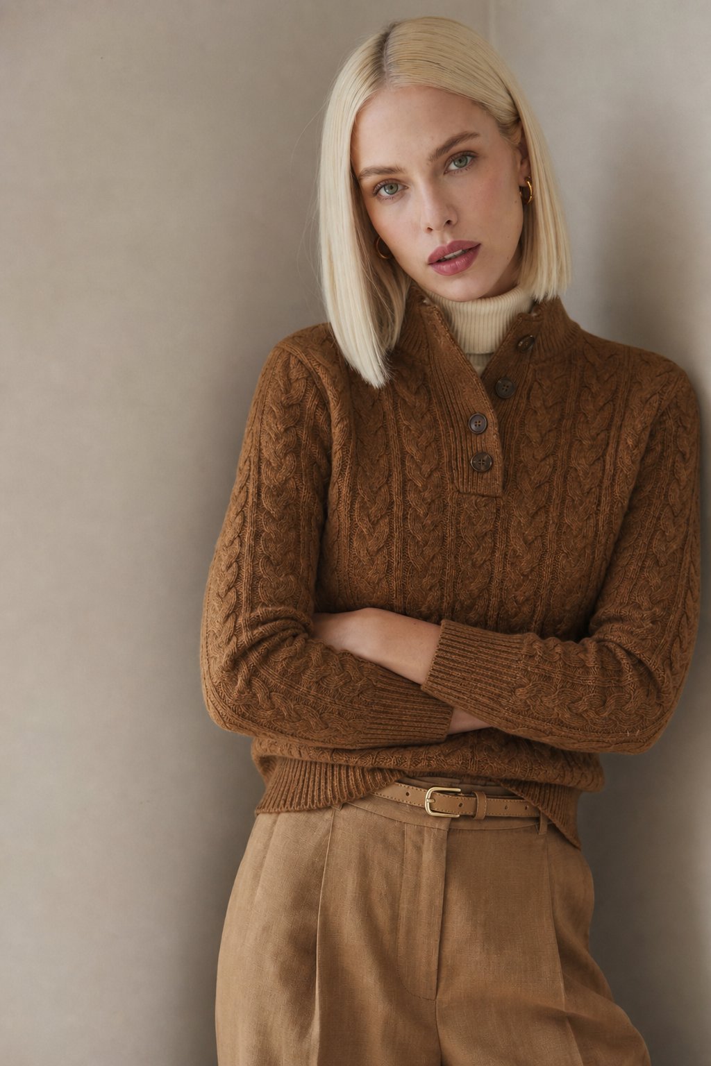 Cozy Cable-Knit Button-Up Sweater with Stand Collar - photo 4