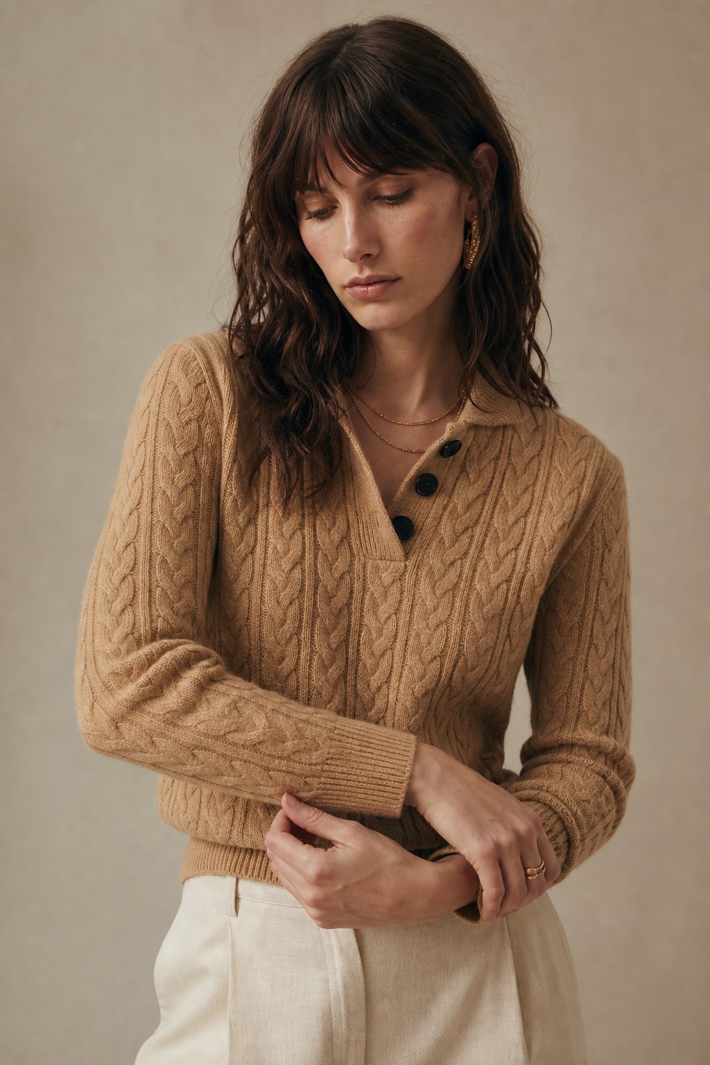 Cozy Cable-Knit Button-Up Sweater with Stand Collar - photo 8