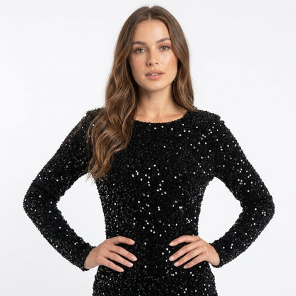 Carmela Long-Sleeve Backless Sequin Mini Dress