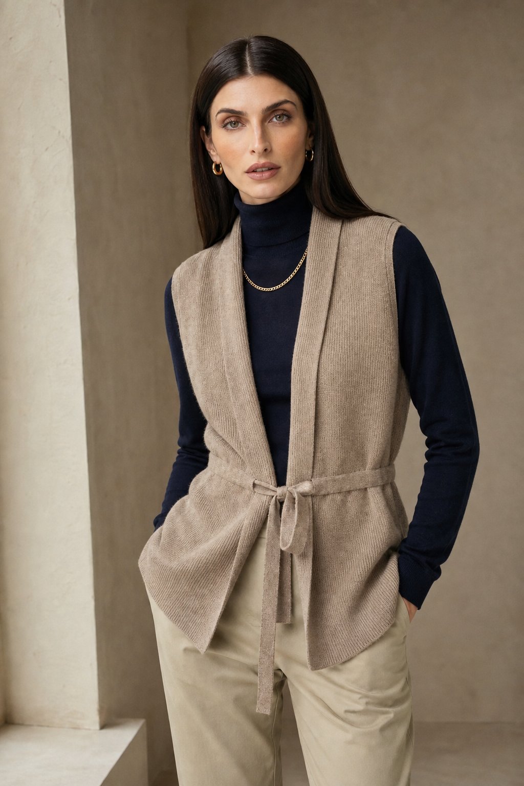 Cocoon Wool Blend Vest with Adjustable Waist Tie for Women - photo 1