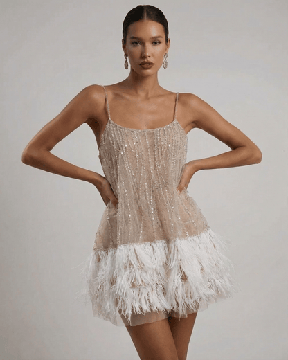 Cordelia Sequin Tulle Feather-Hem Mini Dress