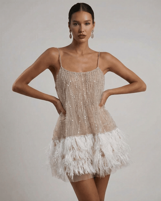 Cordelia Sequin Tulle Feather-Hem Mini Dress