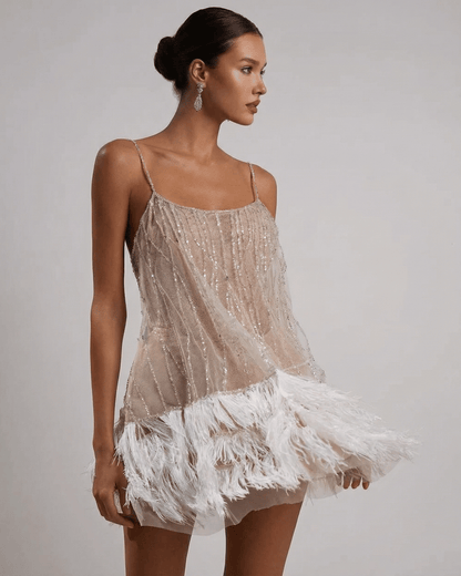 Cordelia Sequin Tulle Feather-Hem Mini Dress