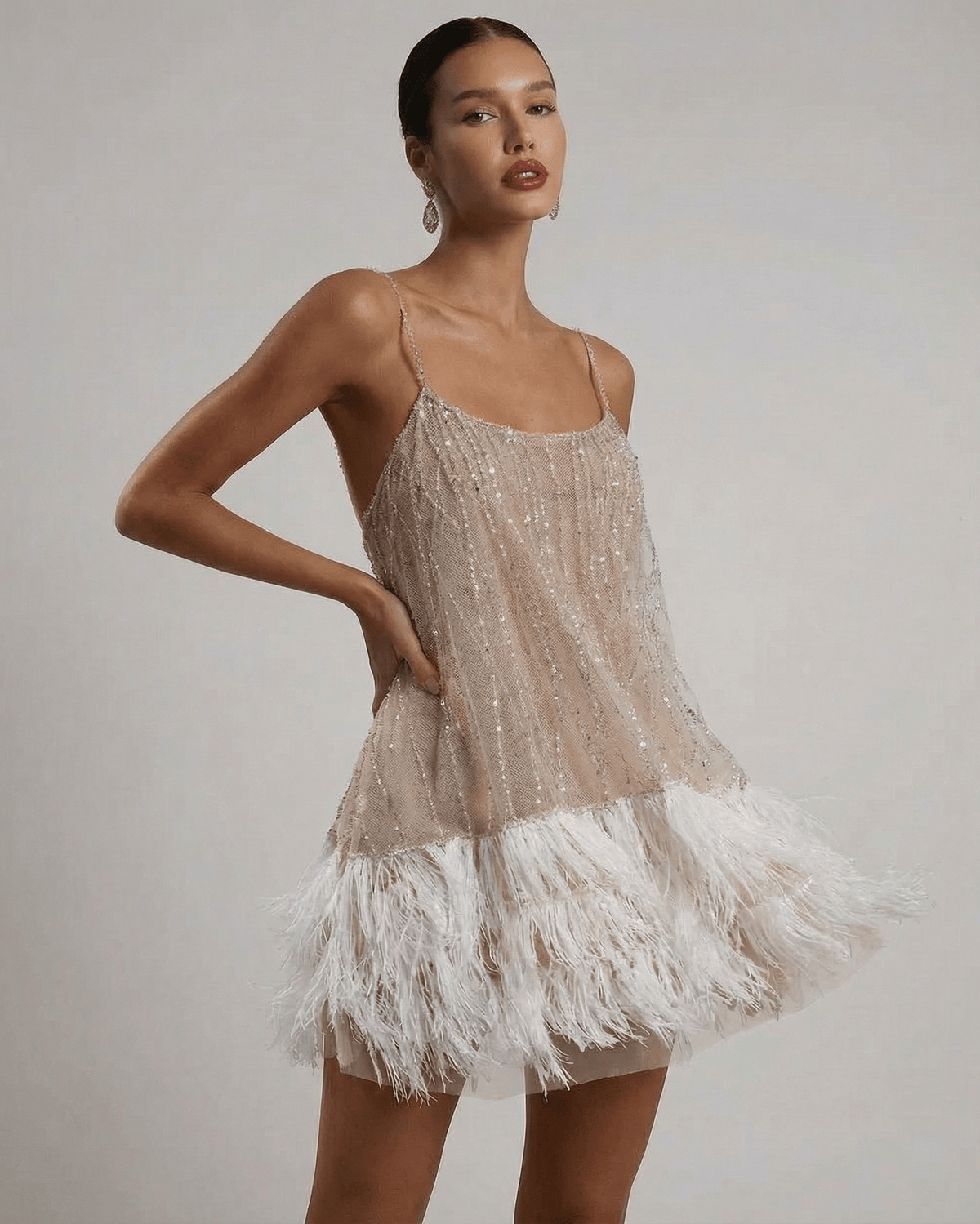 Cordelia Sequin Tulle Feather-Hem Mini Dress