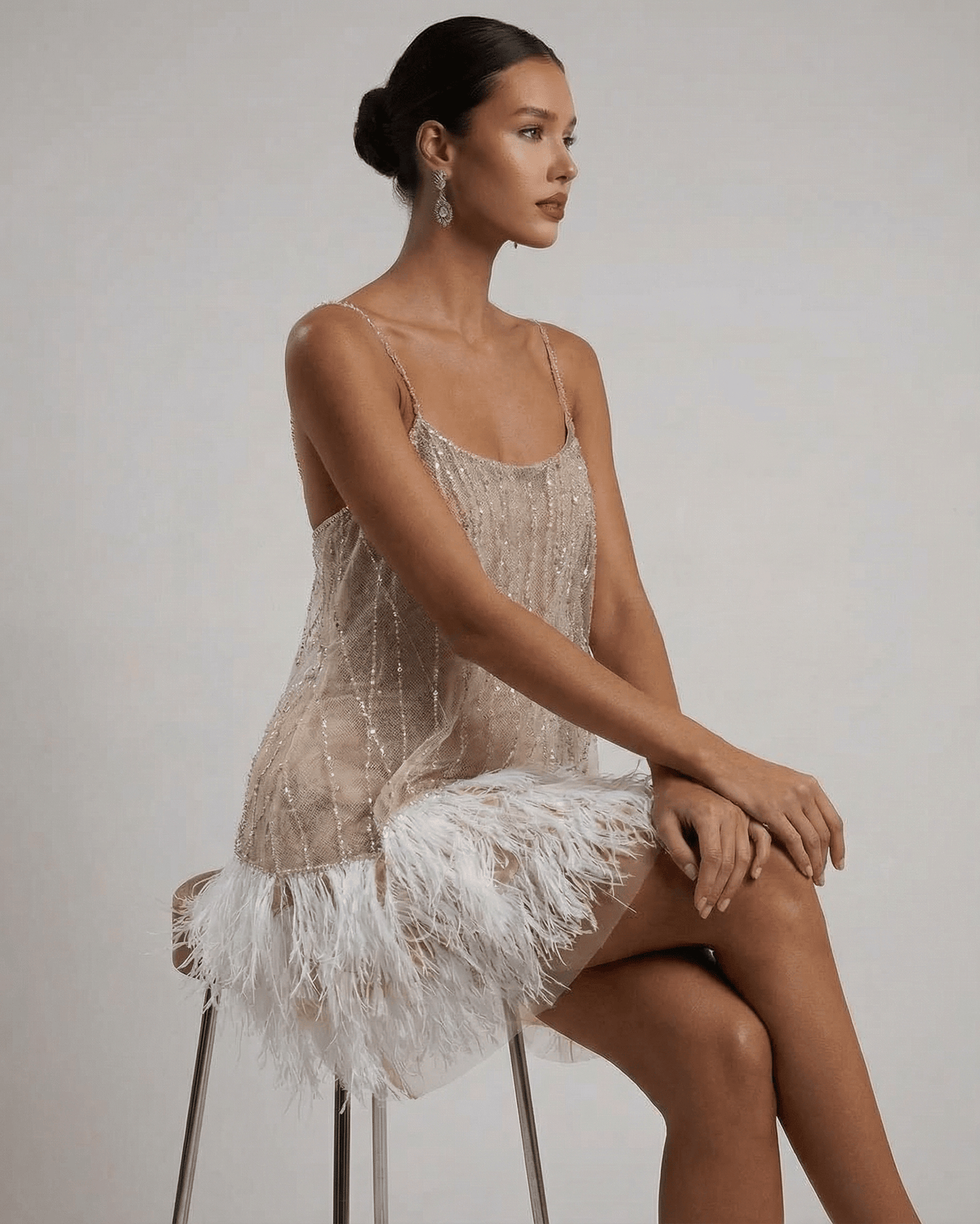 Cordelia Sequin Tulle Feather-Hem Mini Dress