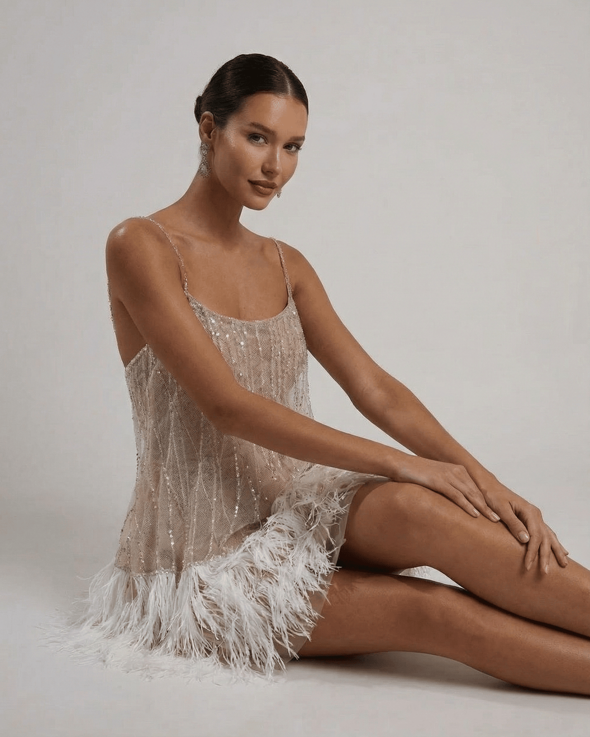 Cordelia Sequin Tulle Feather-Hem Mini Dress