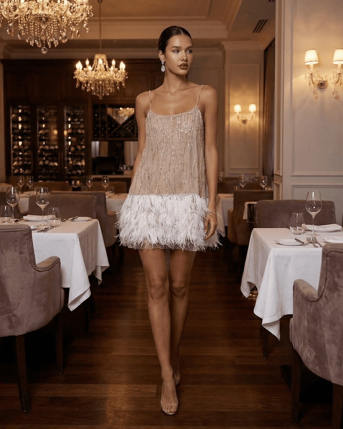 Cordelia Sequin Tulle Feather-Hem Mini Dress