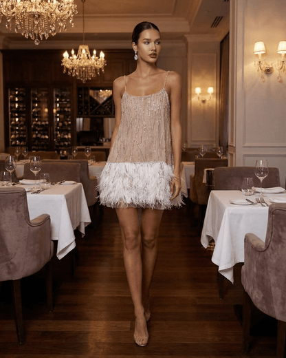 Cordelia Sequin Tulle Feather-Hem Mini Dress
