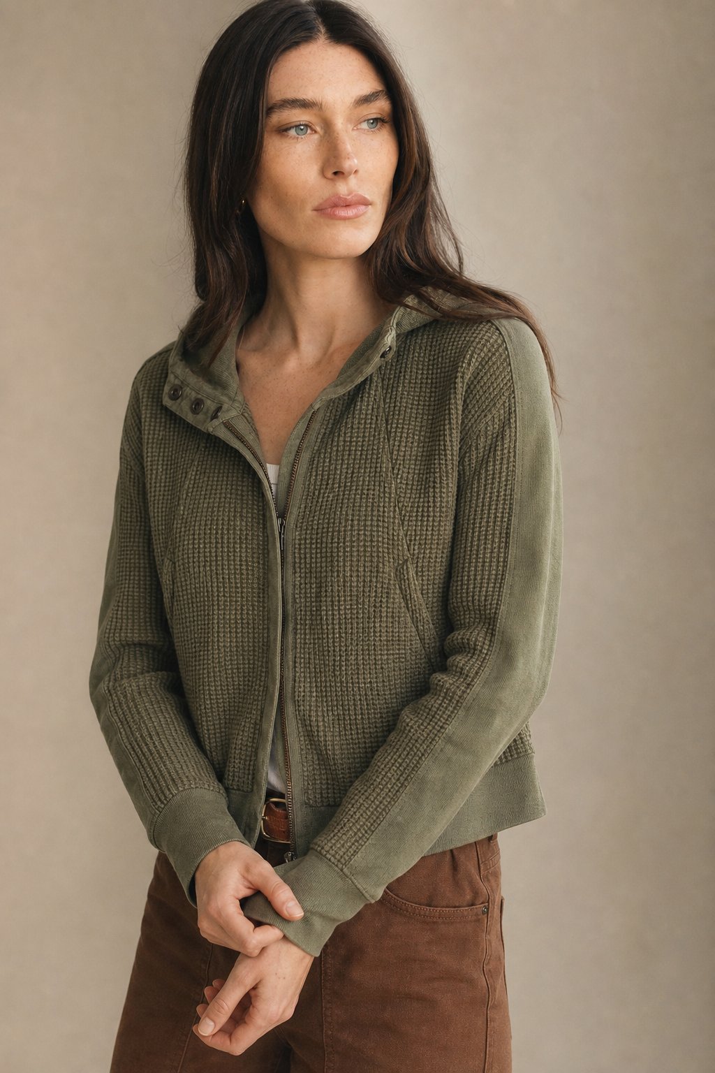 Cropped Waffle Knit Hoodie with Zip Closure for Women - photo 1