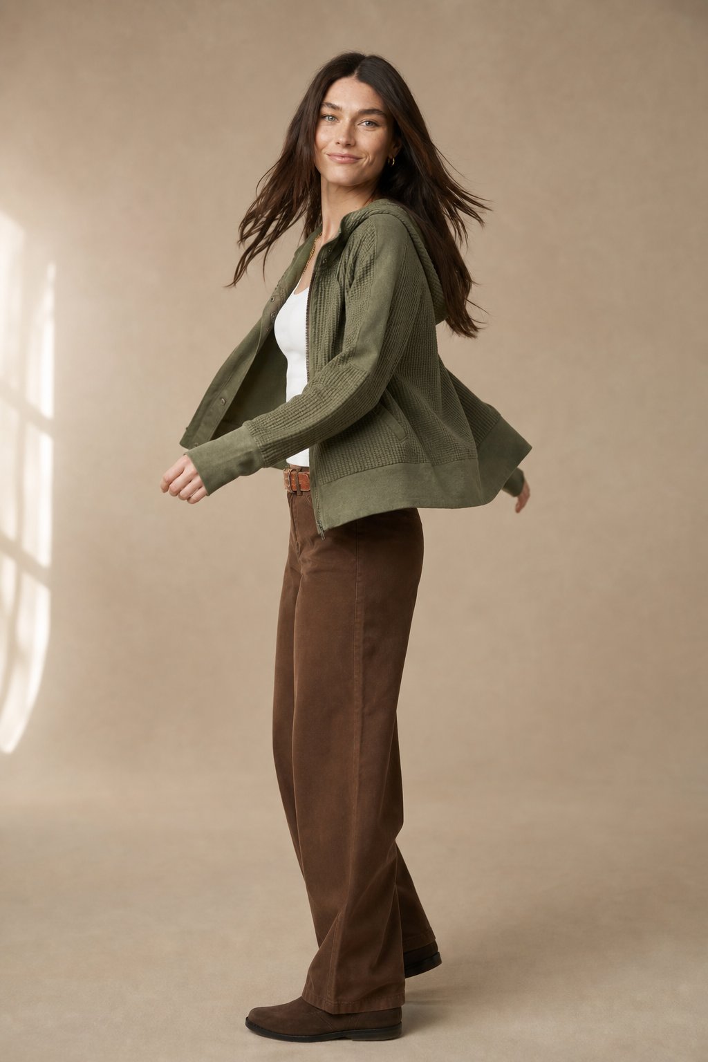 Cropped Waffle Knit Hoodie with Zip Closure for Women - photo 2
