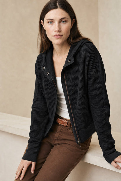Cropped Waffle Knit Hoodie with Zip Closure for Women - photo 5