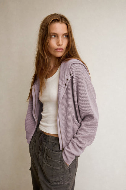 Cropped Waffle Knit Hoodie with Zip Closure for Women - photo 7