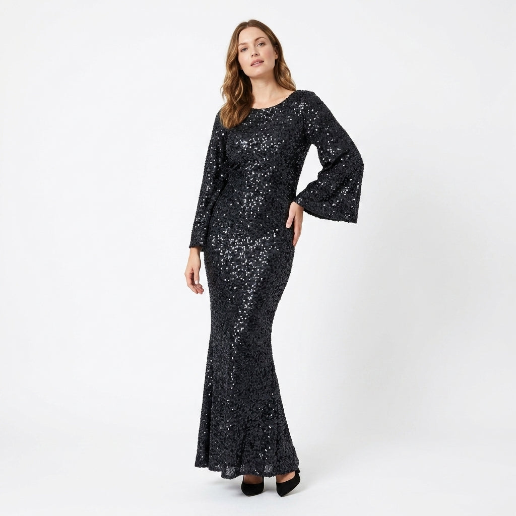 Dora Sequin Bell-Sleeve Mermaid Maxi Dress