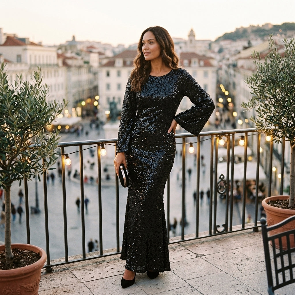 Dora Sequin Bell-Sleeve Mermaid Maxi Dress