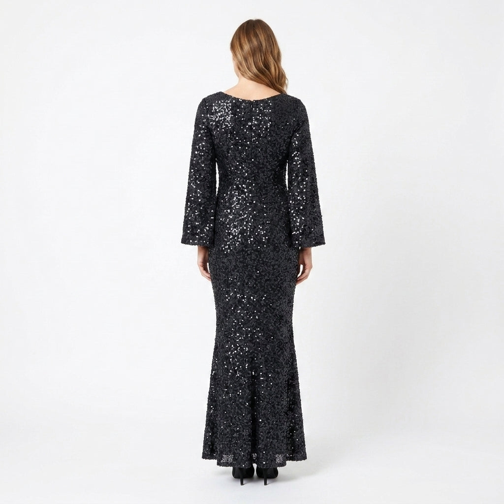 Dora Sequin Bell-Sleeve Mermaid Maxi Dress