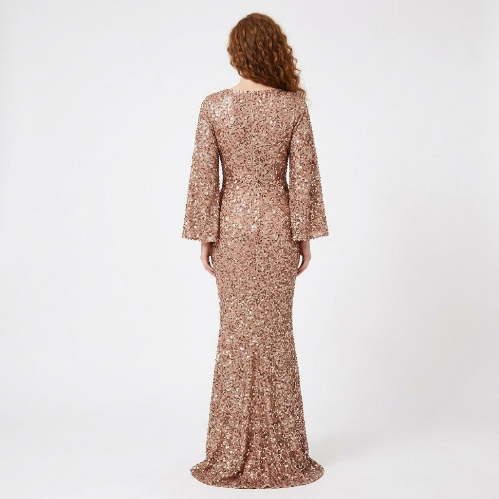 Dora Sequin Bell-Sleeve Mermaid Maxi Dress