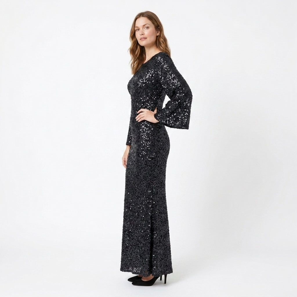 Dora Sequin Bell-Sleeve Mermaid Maxi Dress