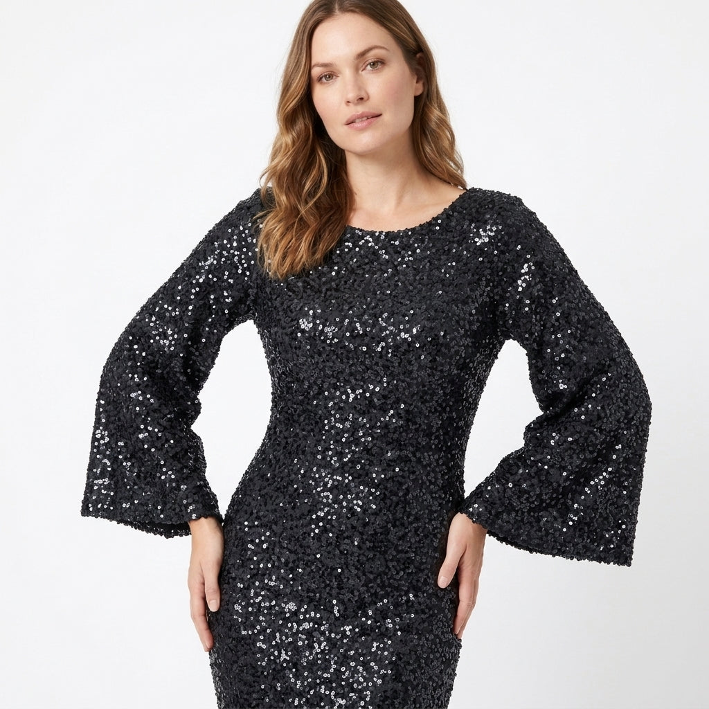 Dora Sequin Bell-Sleeve Mermaid Maxi Dress