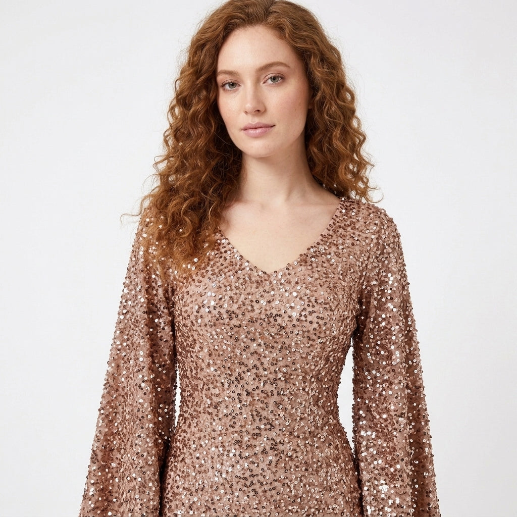 Dora Sequin Bell-Sleeve Mermaid Maxi Dress