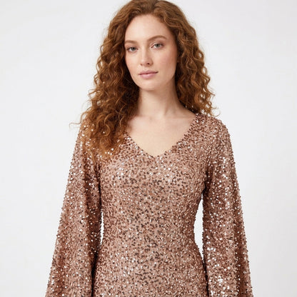 Dora Sequin Bell-Sleeve Mermaid Maxi Dress
