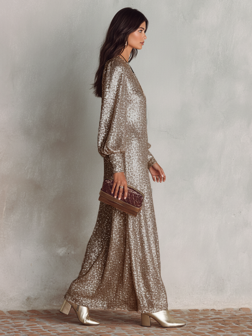Estelle Shimmer Long-Sleeve Maxi Gown