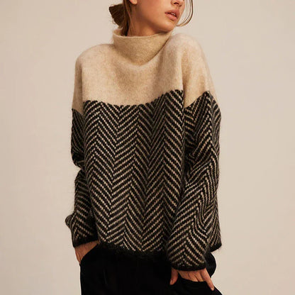 Eva Herringbone Knit Sweater - Two-Tone Stand Collar Sweater - photo 2