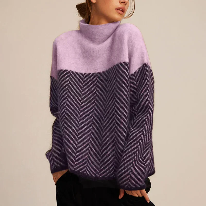 Eva Herringbone Knit Sweater - Two-Tone Stand Collar Sweater - photo 3