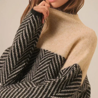 Eva Herringbone Knit Sweater - Two-Tone Stand Collar Sweater - photo 4