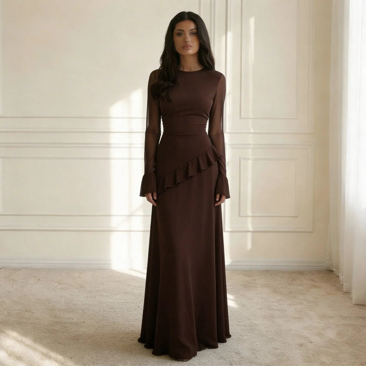 Flora Ruffle Long-Sleeve Maxi Dress