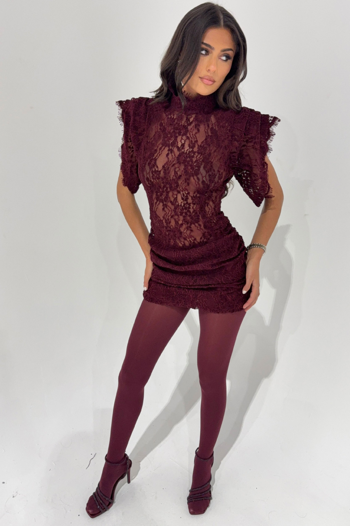 Imelda Lace Ruffle-Shoulder Mini Dress