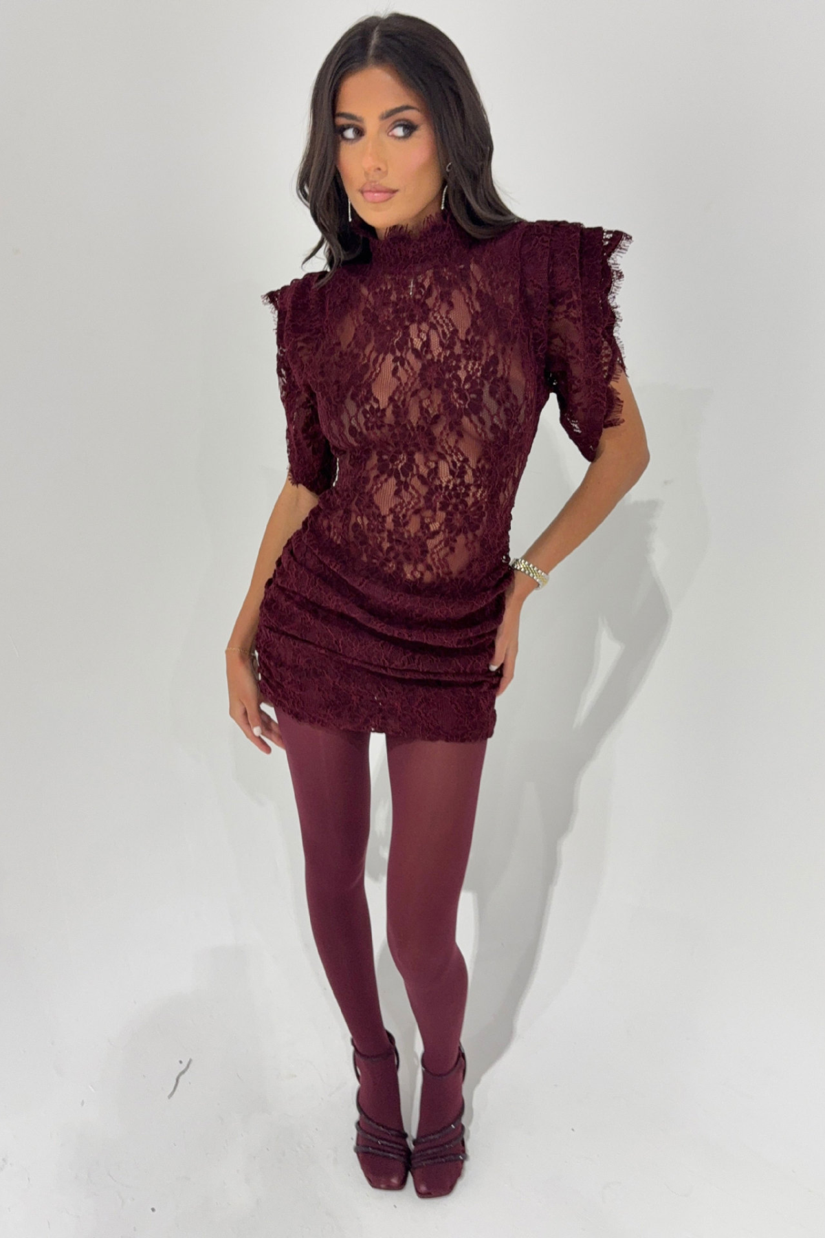 Imelda Lace Ruffle-Shoulder Mini Dress