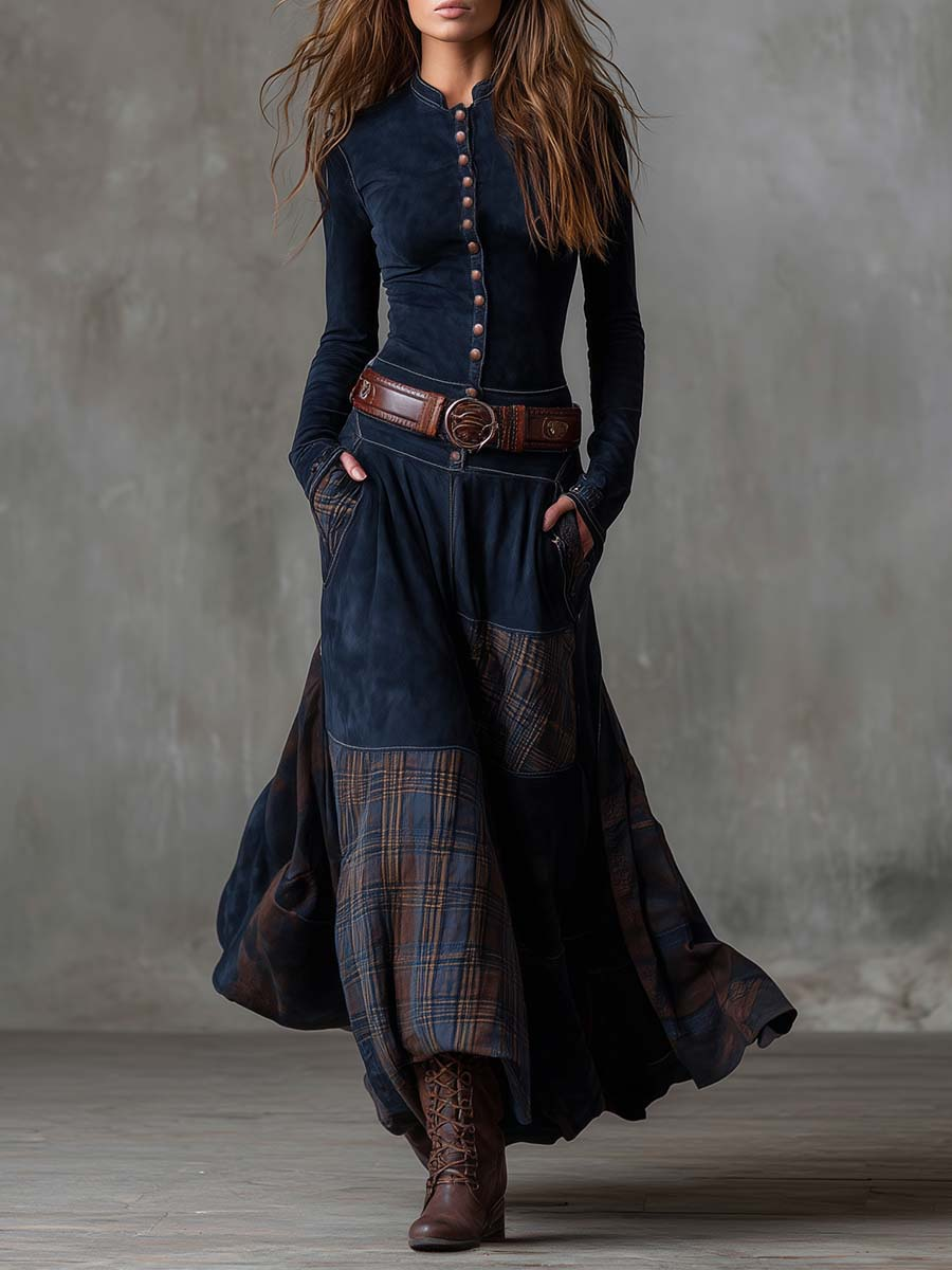 Izabella Suede-Effect Maxi Dress with Plaid Panels - photo 1
