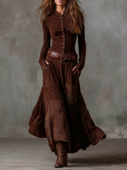 Izabella Suede-Effect Maxi Dress with Plaid Panels - photo 2
