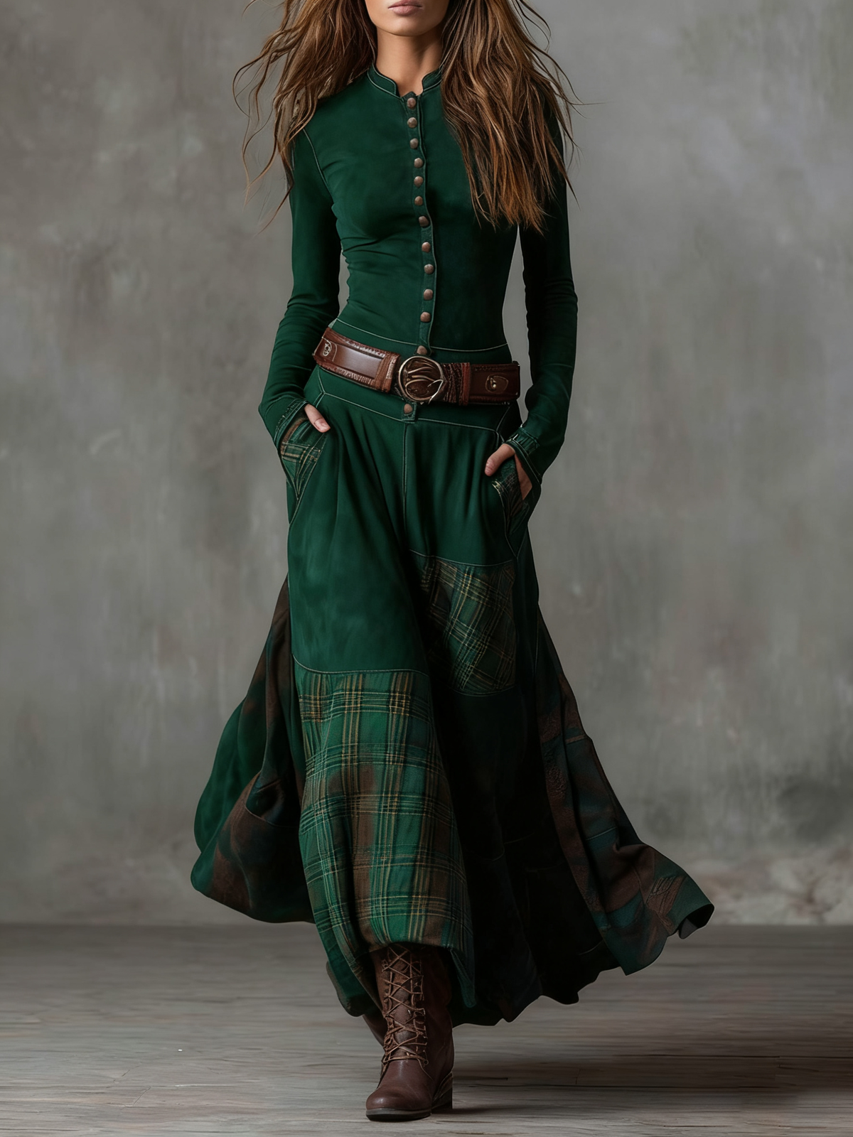 Izabella Suede-Effect Maxi Dress with Plaid Panels - photo 3
