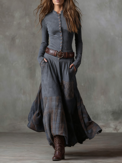 Izabella Suede-Effect Maxi Dress with Plaid Panels - photo 4