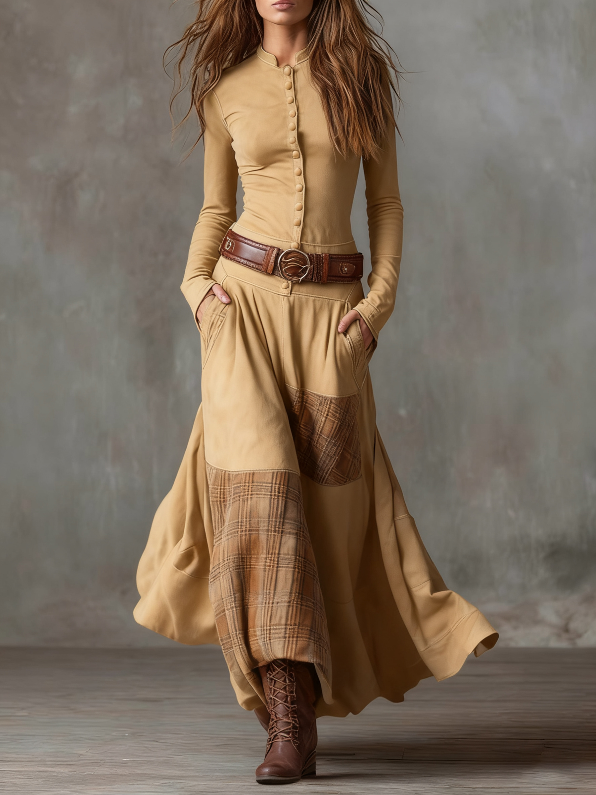Izabella Suede-Effect Maxi Dress with Plaid Panels - photo 5